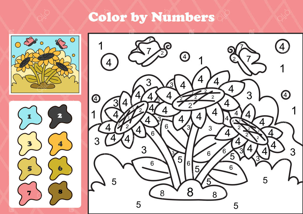 نقاشی سرگرم‌کننده و قابل چاپ کودکان: گل‌های آفتابگردان و پروانه‌های شاد در باغ، رنگ‌آمیزی با اعداد