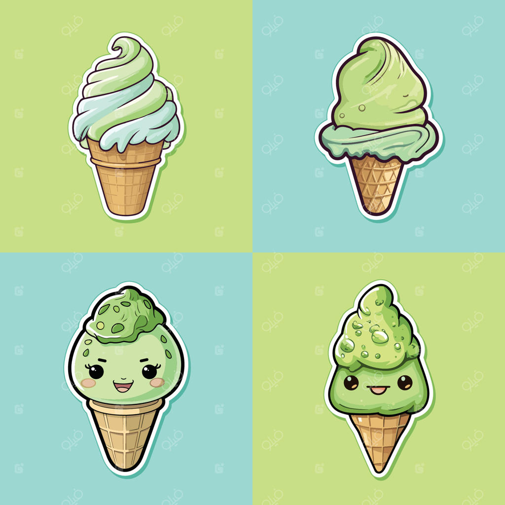 مجموعه تصویرسازی بامزه استیکر بستنی پسته و بادام با رنگ‌های جذاب