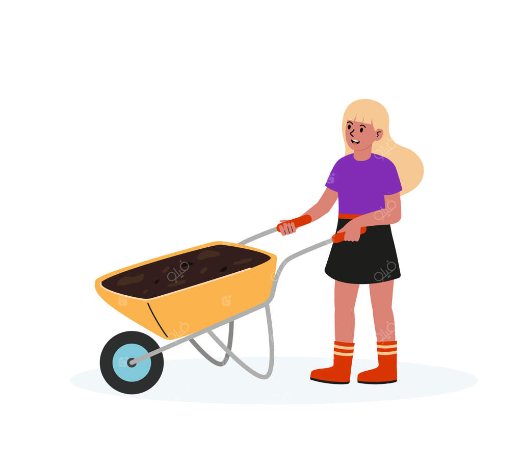 دختر جوان با فرغون در حال حمل خاک در باغ در روز روشن