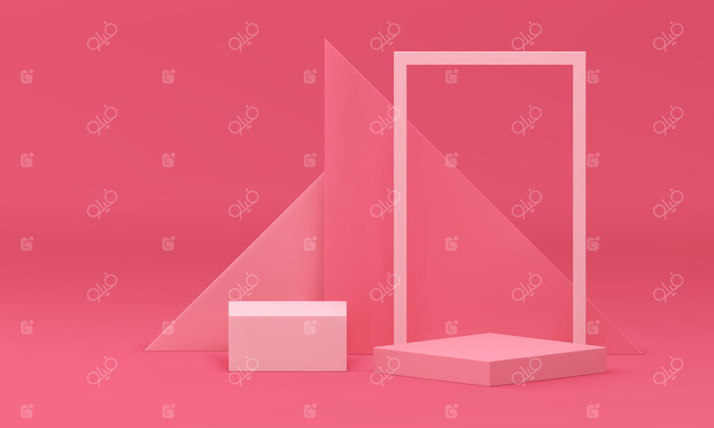 پیش‌زمینه‌شبیه‌سازی دیوار زیبا با سکو سه‌بعدی و هندسی صورتی برای نمایش محصولات آرایشی