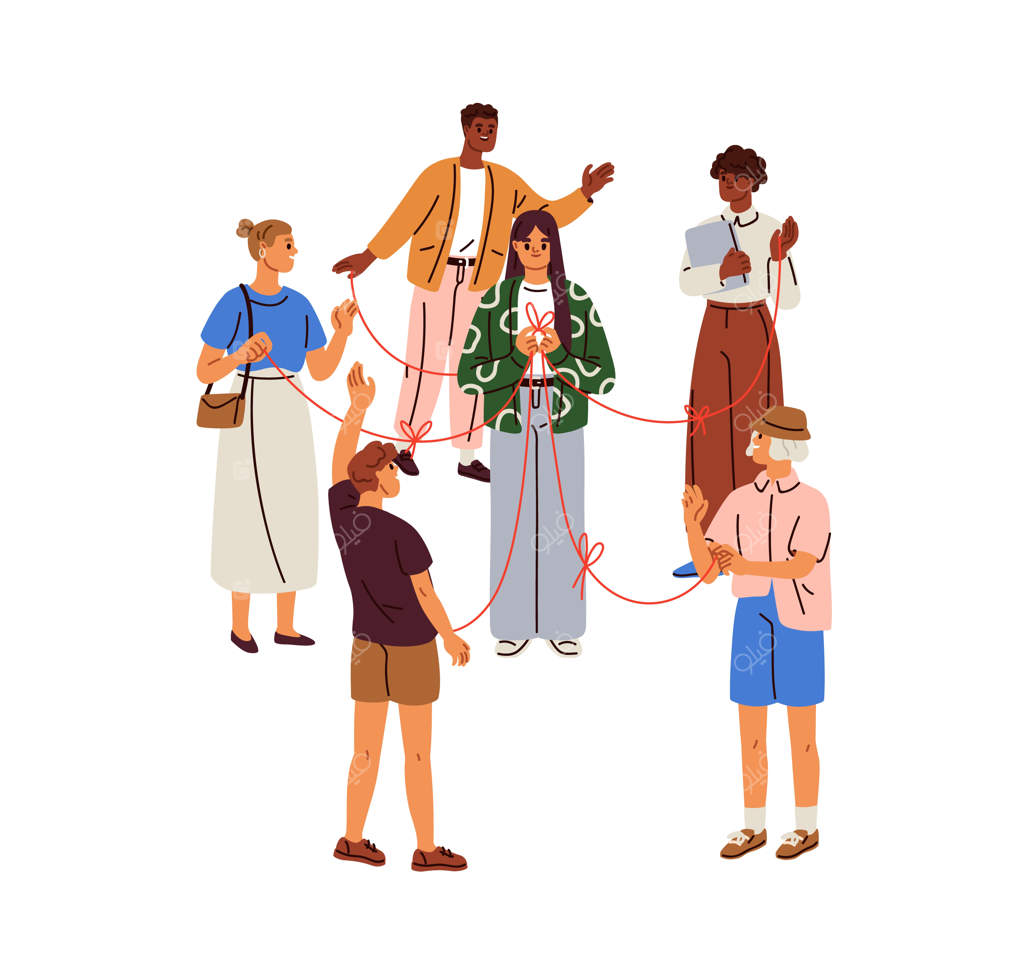 ارتباطات اجتماعی، گفتگو، روابط و شبکه‌سازی: مفهوم ایجاد پیوندها. ساختن جامعه‌ای جهانی و محیطی بین‌المللی برای افراد. تصویرسازی وکتور ساده بر روی زمینه سفید.