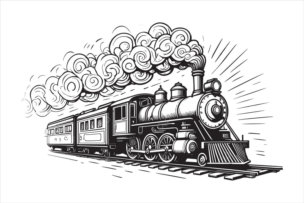 لوکوموتیو بخار قدیمی در حال حرکت روی ریل همراه با دود غلیظ