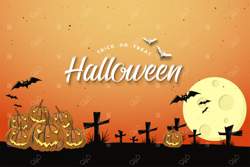 پس‌زمینه هالووین با طراحی نارنجی و نوشته سه‌بعدی.