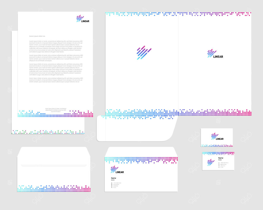 ست هویت سازمانی کسب و کار: پس‌زمینه سفید با مربع‌های رنگی و لوگوی خطی. کارت، برگه، پوشه و پاکت.