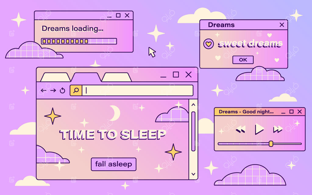 وکتور تصویرسازی رابط کاربری کامپیوتر با استایل رترو و ویپورویو؛ دسکتاپ جادویی بامزه همراه با پیام شب بخیر و رویاهای شیرین، ابر و ستاره
