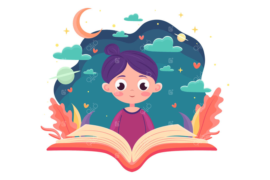 دختر در حال خواندن کتابی جذاب در دل شب، مفهوم غرق شدن در کتاب و داستان‌های خواندنی، روز جهانی کتاب یا روز کتاب کودک