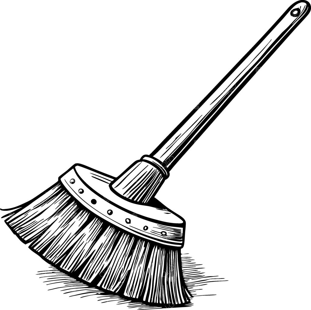 تصویرسازی سیاه و سفید و پرجزئیات جاروی کلاسیک برای نظافت منزل و پروژه‌های طراحی