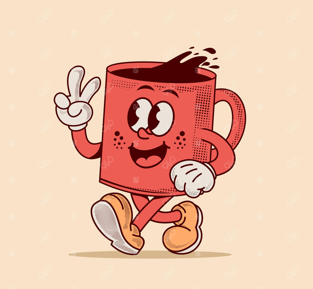 تصویر کارتونی فنجان قهوه بامزه به سبک قدیمی - مناسب برای استیکرها، چاپ‌ها، لوگوها و پوسترها