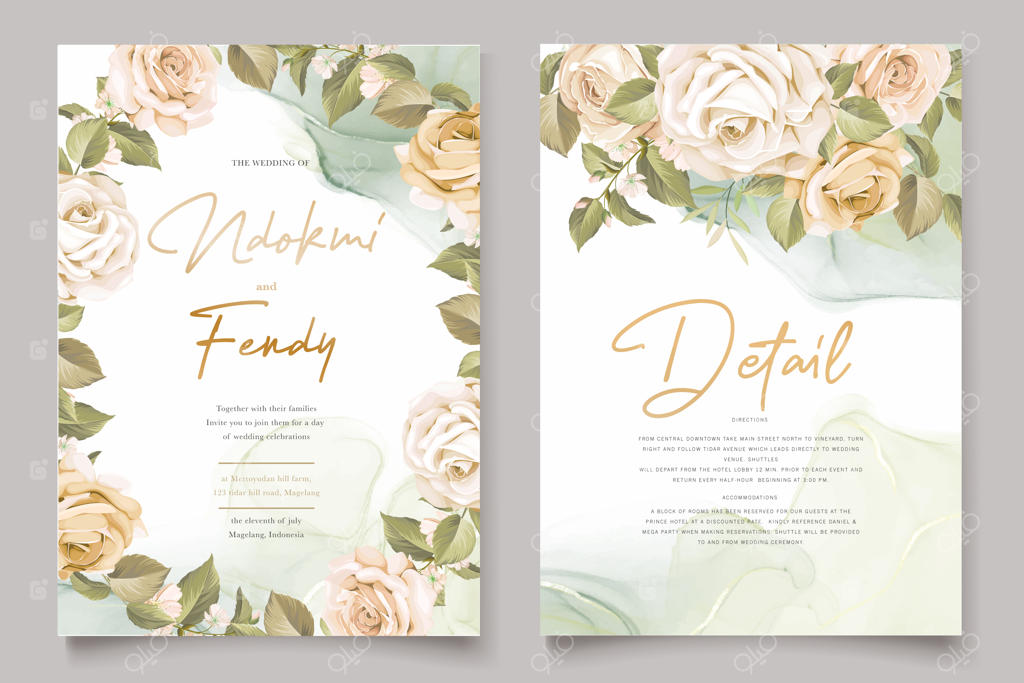 ست کارت دعوت عروسی با طرح دست‌کشیده گل رز زیبا