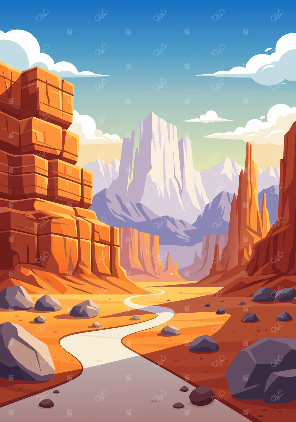 تصویرسازی خیره‌کننده از مسیری پر پیچ و خم در میان دره صخره‌ای سرخ و درخشان در چشم‌انداز بیابانی غربی