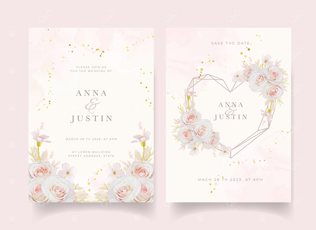 دعوت‌نامه عروسی با گل‌های رز آبرنگی