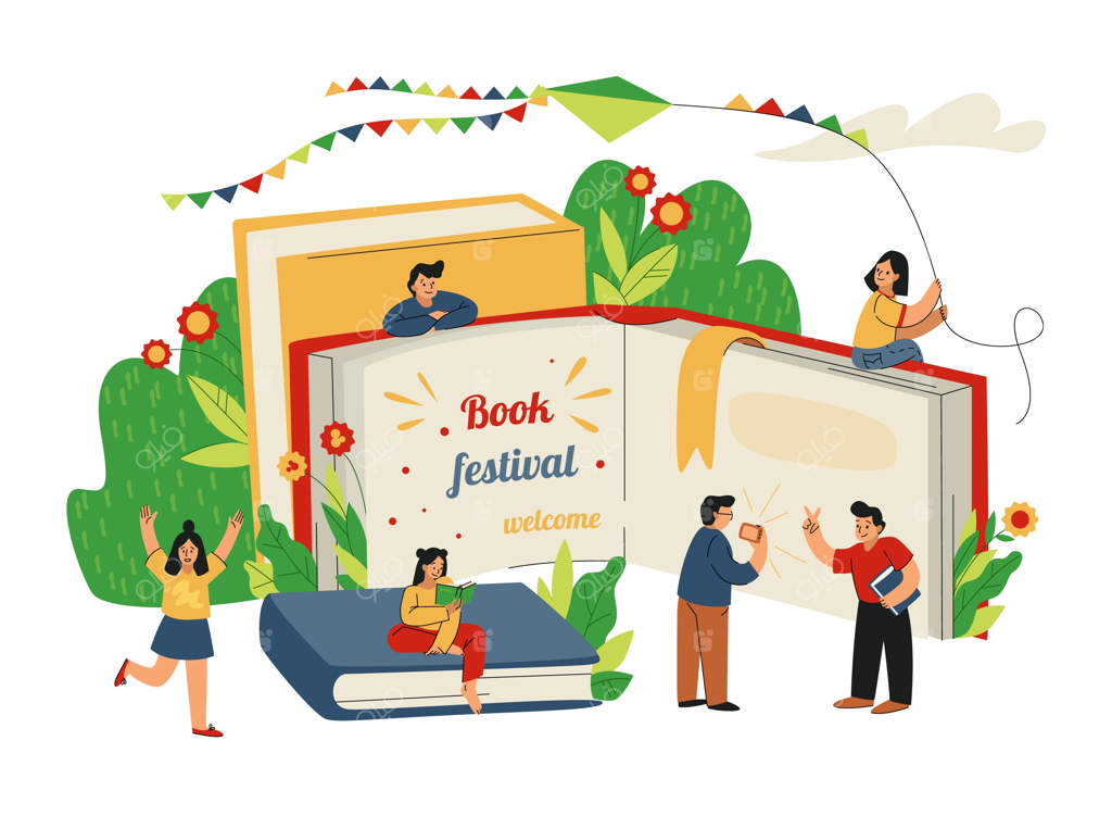 جشنواره کتاب و کتابخوانی: رویداد فرهنگی برای ترویج مطالعه و ادبیات - لوگو یا نماد ویژه با تصویری از مردان و زنان خوشحال در حال خواندن کتاب، همراه با یک کتاب بسیار بزرگ - یک مفهوم برداری در پس‌زمینه‌ای ساده
