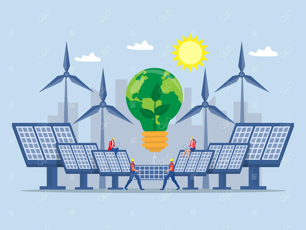 مفهوم انرژی خورشیدی: مهندسان کارگر در حال حمل و نصب پنل‌های خورشیدی برای سیستم‌های تولید برق تجدیدپذیر - طراحی مدرن و تخت.