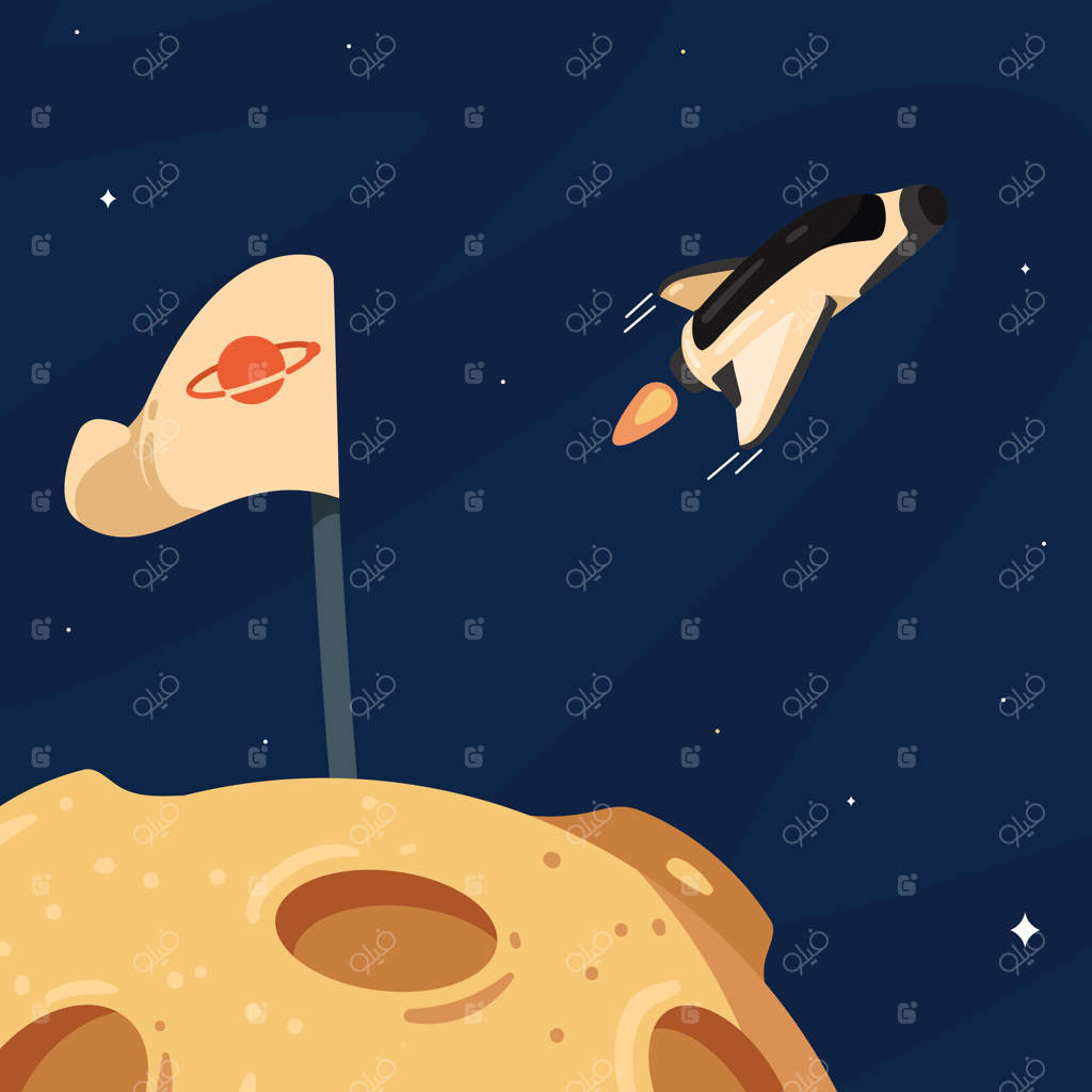 ماه با پرچم و سفینه فضایی