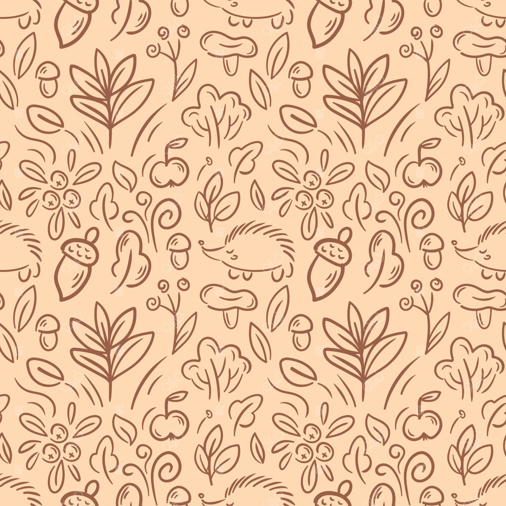 الگوی بدون درز با طرح‌های دستی و فانتزی جوجه‌تیغی، قارچ و بلوط در پس‌زمینه بژ ملایم