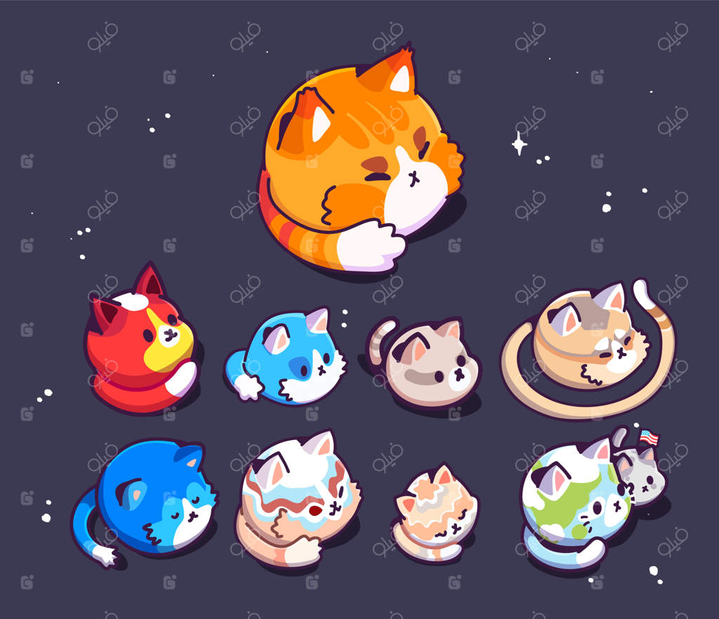 مجموعه‌ای بزرگ از سیارات گربه‌های بامزه در فضا طرح وکتور طراحی ساده مفهوم برای چاپ کودکان