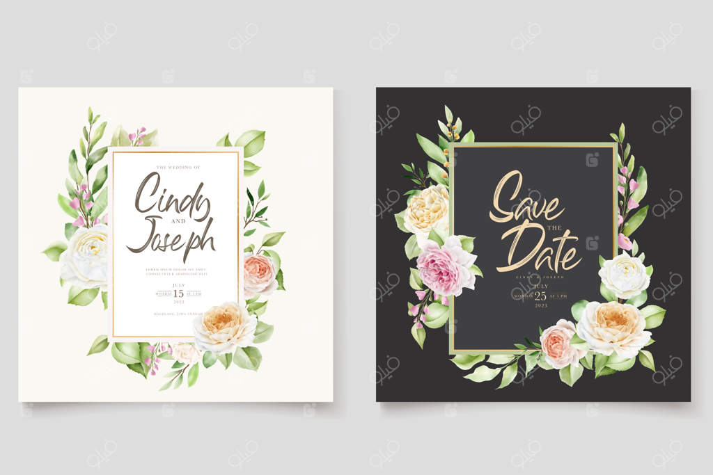 ست کارت دعوت عروسی با طراحی دستی گل‌های رز زیبا