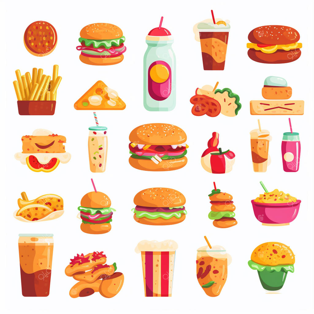 وکتور تصویرسازی کارتونی غذای لذیذ و آشپز برای منوی رستوران