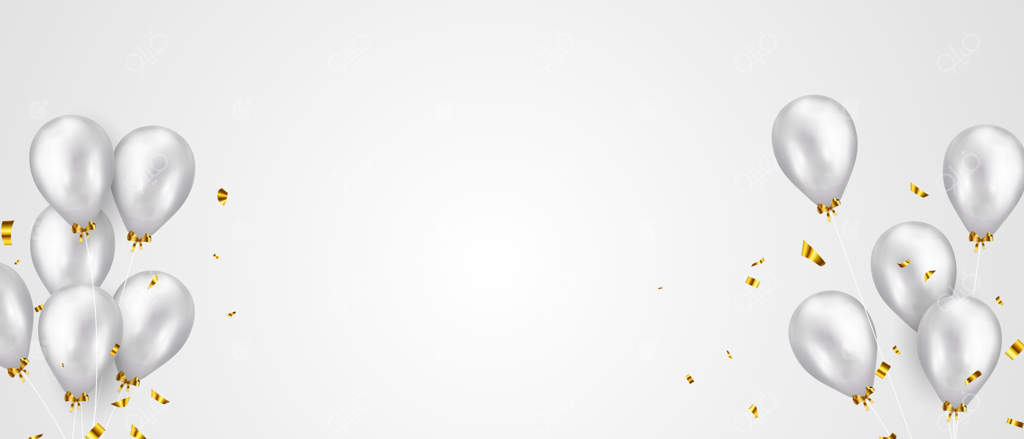 پرچم حزب جشن با بادکنک‌های نقره‌ای در پس‌زمینه. حراج. کارت افتتاحیه بزرگ، تبریک لوکس و باشکوه.