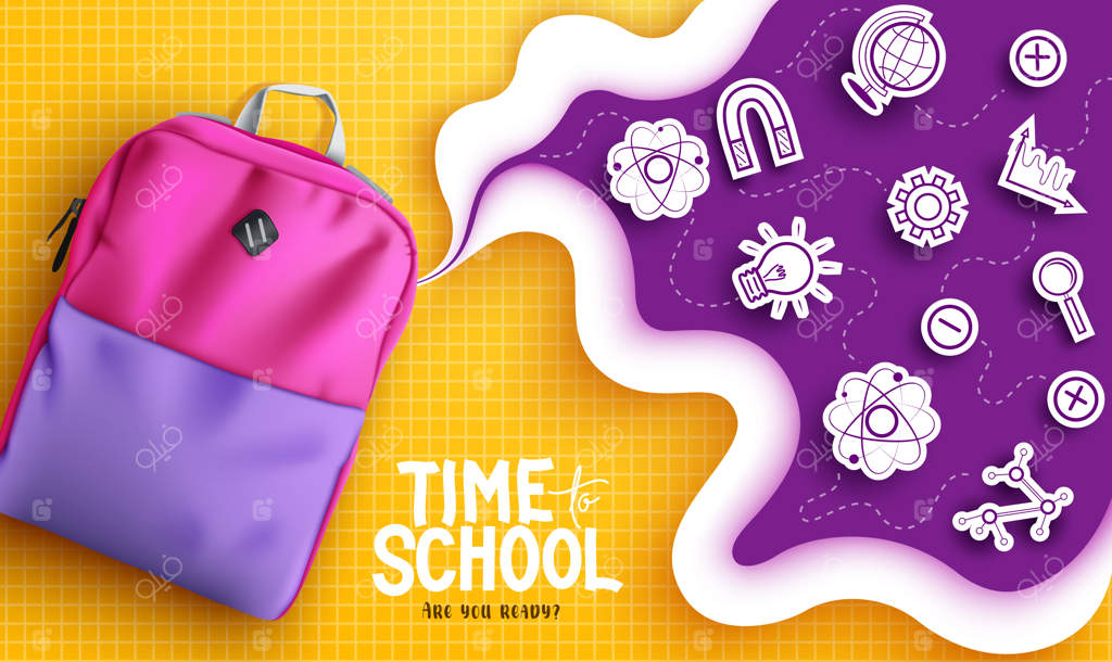 زمان مدرسه: طراحی مفهومی زمان مدرسه با کیف و آیکون‌های آموزشی به سبک برش کاغذی