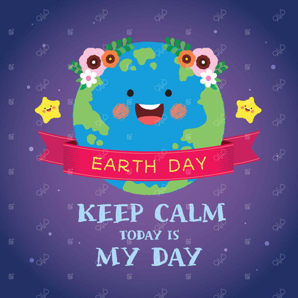 کارت تبریک روز مادر زمین با تصویر cute کره زمین و روبان قرمز در پس‌زمینه پرستاره