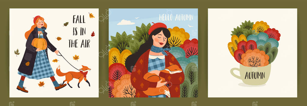 مجموعه‌ای از تصاویر پاییزی با دختر بامزه - طراحی وکتور برای کارت، پوستر، بروشور و وب‌سایت و بیشتر