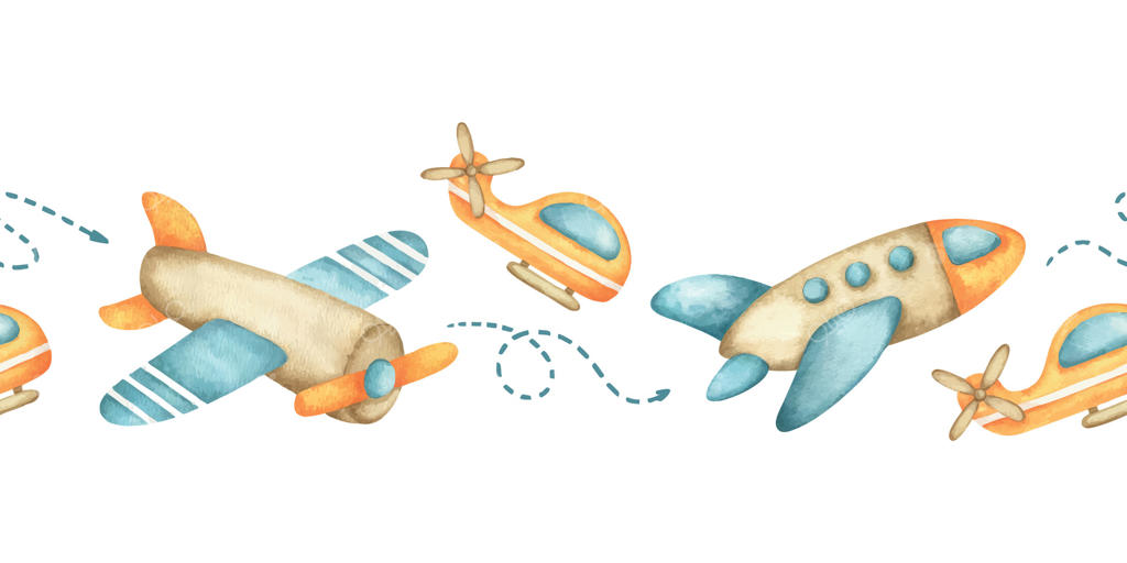 مرز یکپارچه وسایل نقلیه هوایی رنگارنگ کودکانه، همراه با پیکان‌ها و ستاره‌ها. پس‌زمینه آبرنگی مجزای هواپیماهای بچه‌گانه. طرحی برای چاپ بر روی محصولات کودک، پارچه، ملافه و کاغذ دیواری.