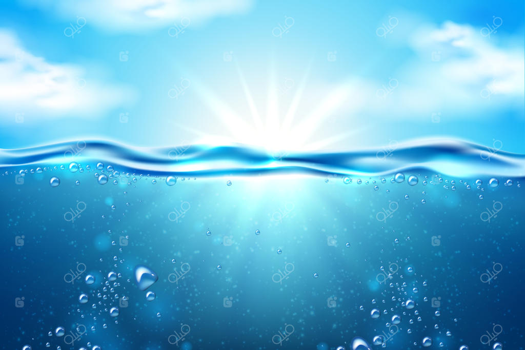 صحنه زیر آب اقیانوس با تابش نور خورشید در آب شفاف