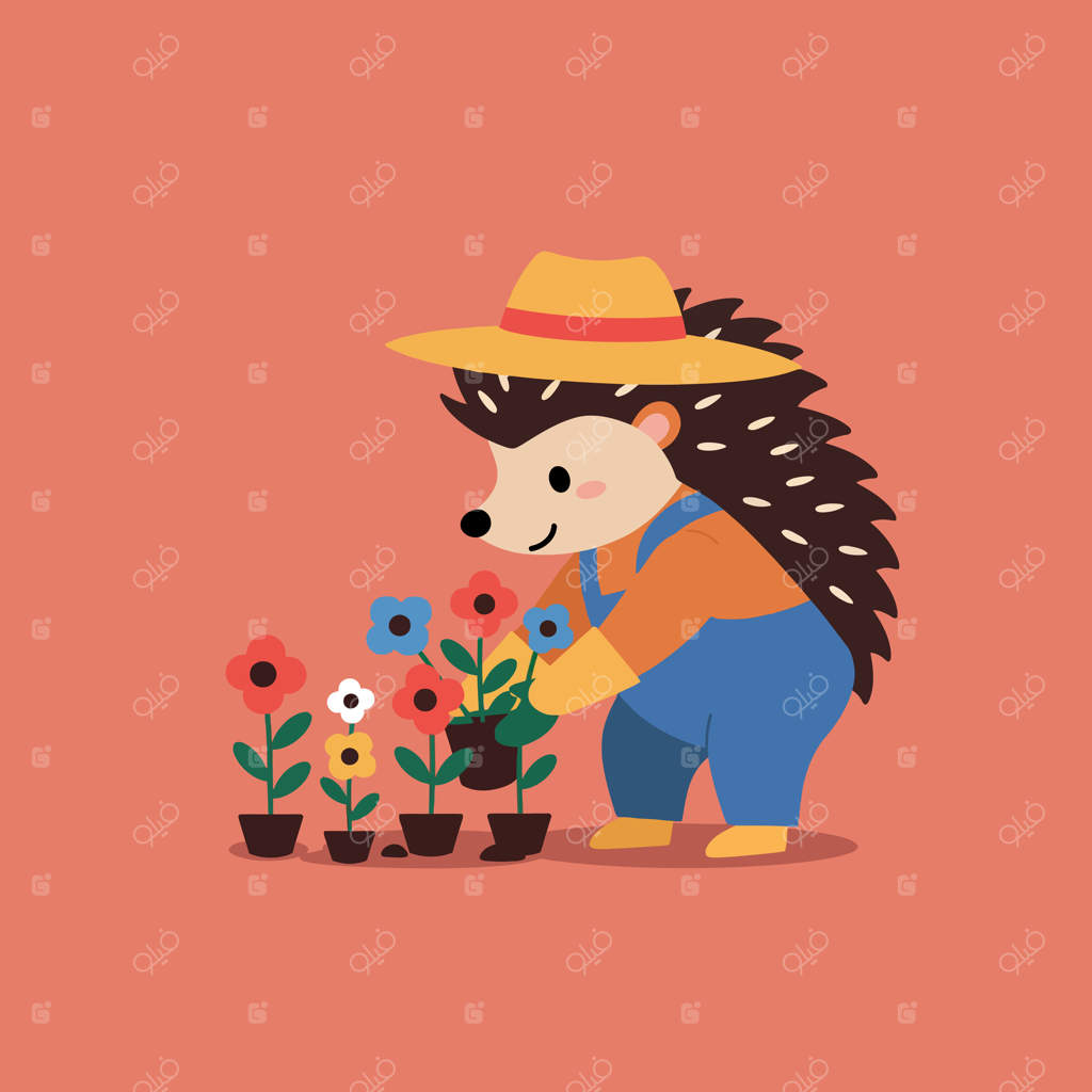 یک جوجه‌تیغی باغبان با کلاه حصیری مشغول رسیدگی به گل‌های رنگارنگ در یک تصویر ساده