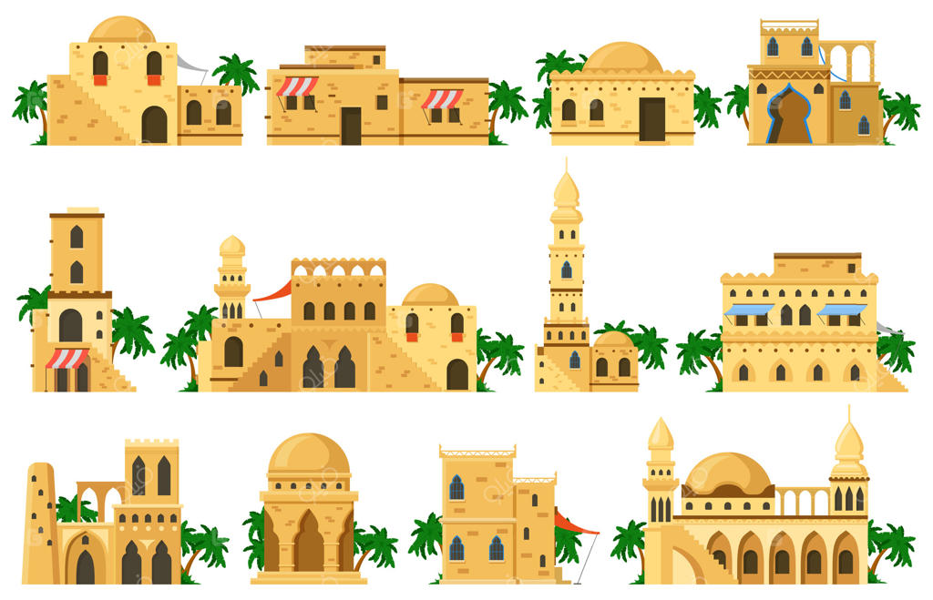 ساختمان‌های سنتی آجری گلی عربی: مجموعه‌ای از خانه‌های اصیل مسلمانان، مسجد، رو‌تندا و برج. خانه‌های قدیمی و سنتی عربی.