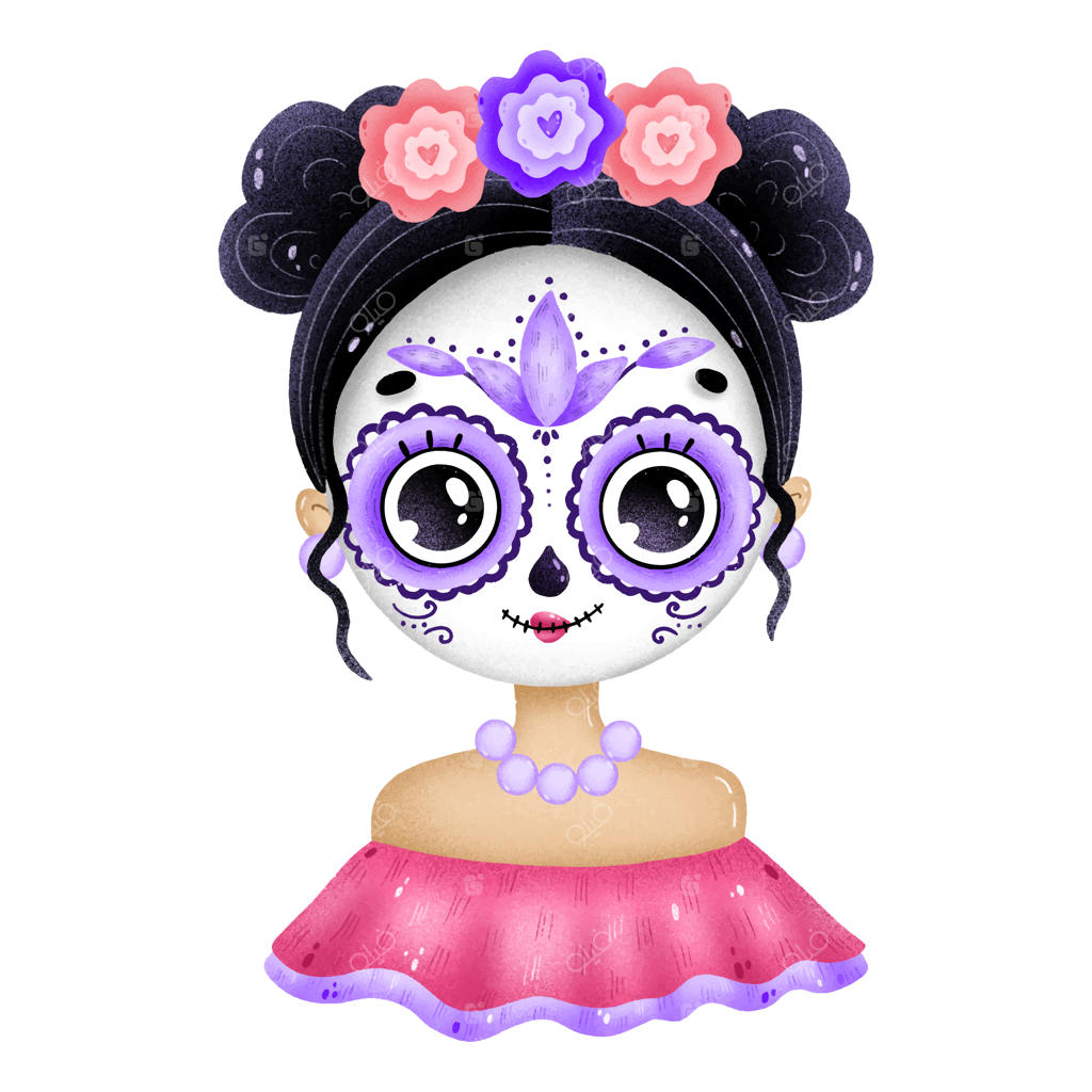 پرتره دختری بامزه مکزیکی با آرایش جمجمه روی پس‌زمینه سفید