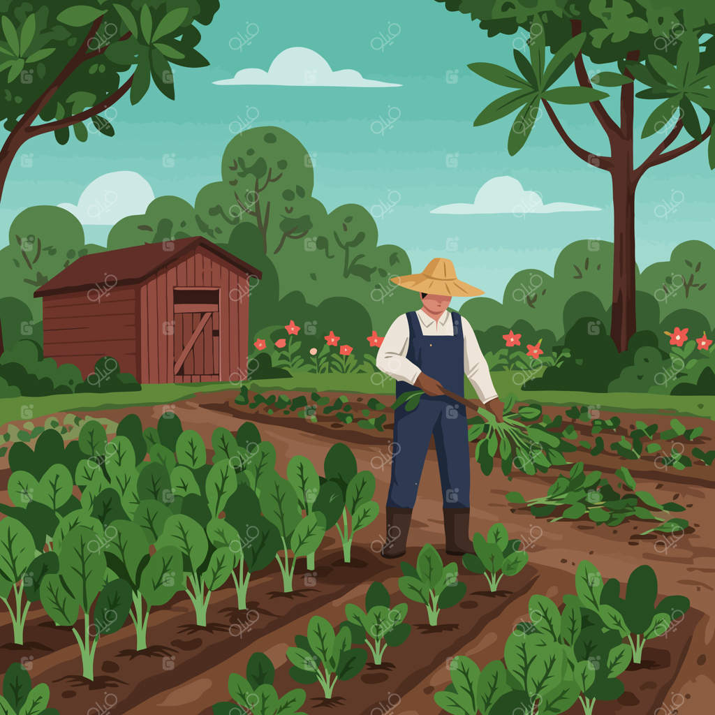 باغبان در حال برداشت محصول در باغ با انبار کوچک