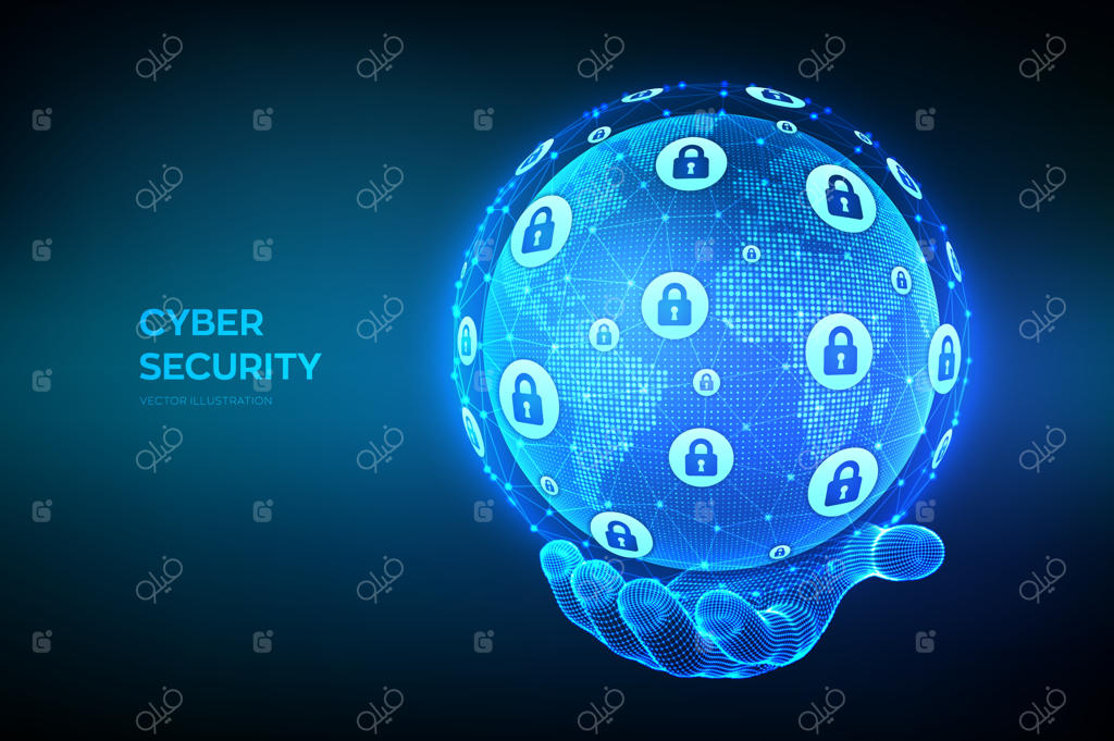 امنیت سایبری: حفاظت از اطلاعات و مفهوم ایمنی. نقشه جهان با نقاط و خطوط. کره زمین در دست.