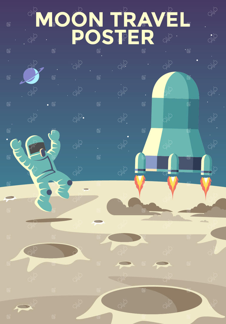 وکتور پوستر سفر فضانورد شاد به ماه
