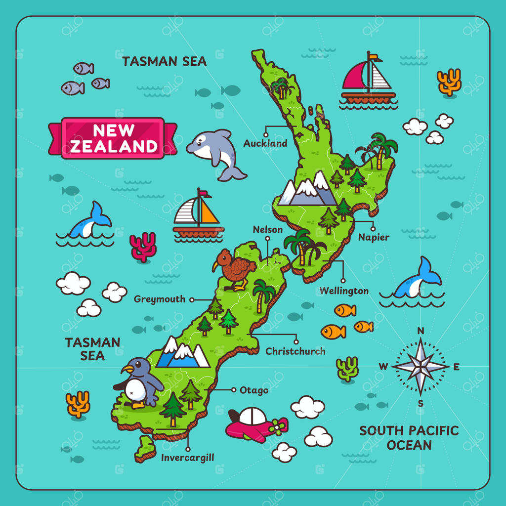 تصویر نقشه نیوزیلند با طراحی دست