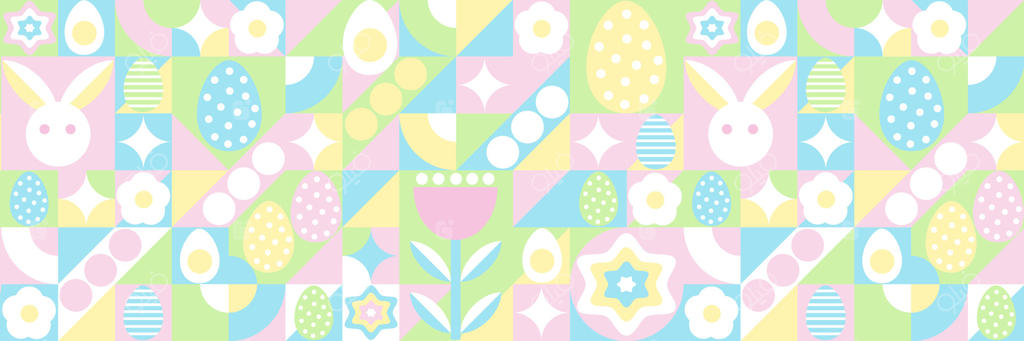 پس‌زمینه انتزاعی هندسی: تخم‌مرغ‌ها، گل‌های بهاری و تزئینات. برای پوستر، کارت‌پستال، اسکرپ‌بوکینگ و برچسب‌ها. خرگوش عید پاک