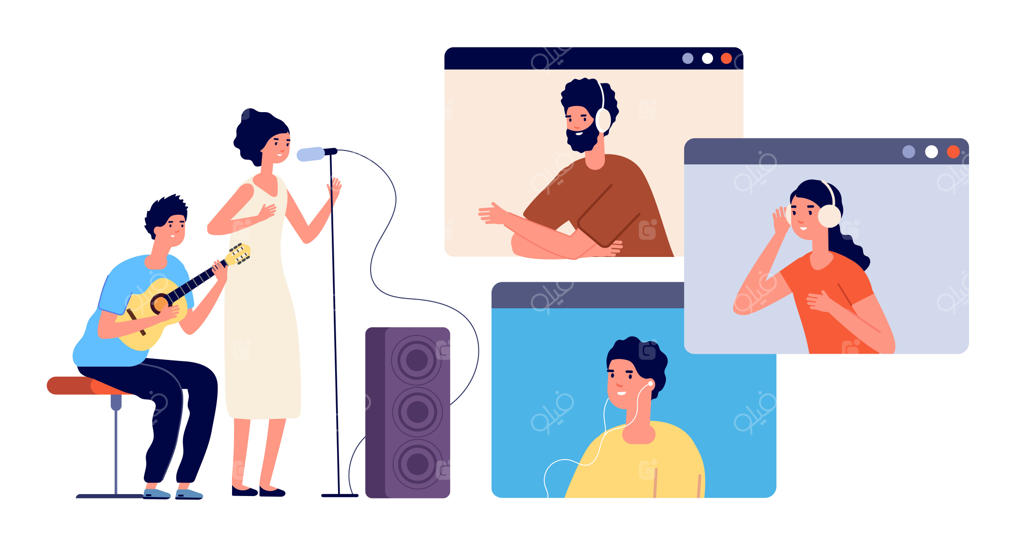 پخش زنده آنلاین: رویداد موسیقی یا بلاگر مدرن ویدئویی، جشن دی‌جی، خواننده و مخاطبان روی صفحه نمایش