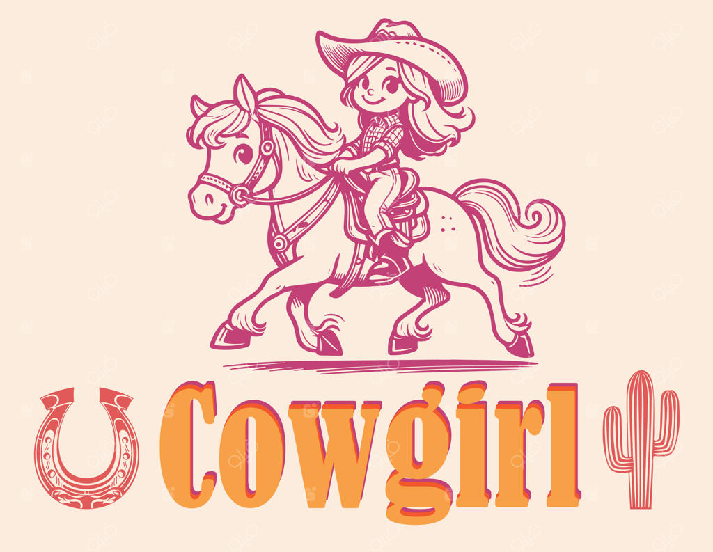 دختر گاوچران صورتی بامزه سوار بر اسب، الهام‌گرفته از سبک وینتج غربی. بنر.