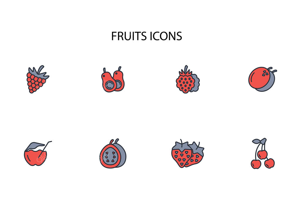 مجموعه آیکون میوه‌ها - طراحی خطی و قابل ویرایش برای استفاده در وب‌سایت، لوگو و نمادها.