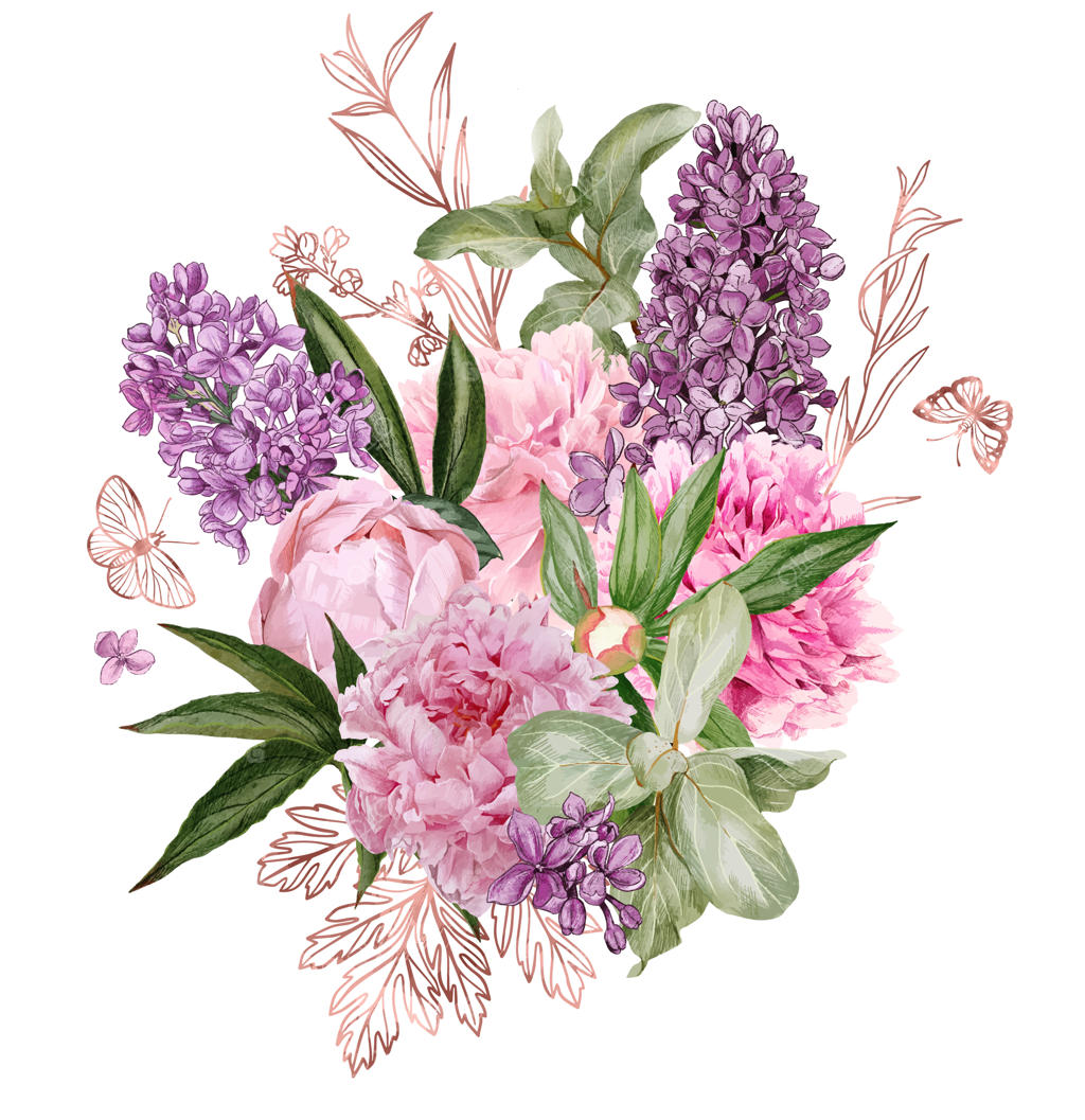 دسته گل انبوه گل صدتومانی و یاس بنفش با المان‌های گل‌دار رزگلد