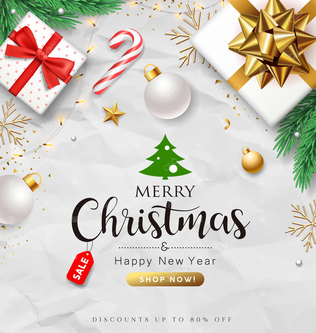 مجموعه‌هایی از جعبه‌های هدیه کریسمس همراه با کارکنان بابانوئل، برگ‌های کاج و پوسترهای روبان طلایی