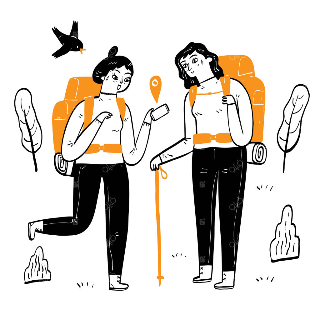 دختر زیبا و دوست صمیمی در حال گفتگو و استفاده از GPS برای پیدا کردن مسیرها در سفر تکنولوژی