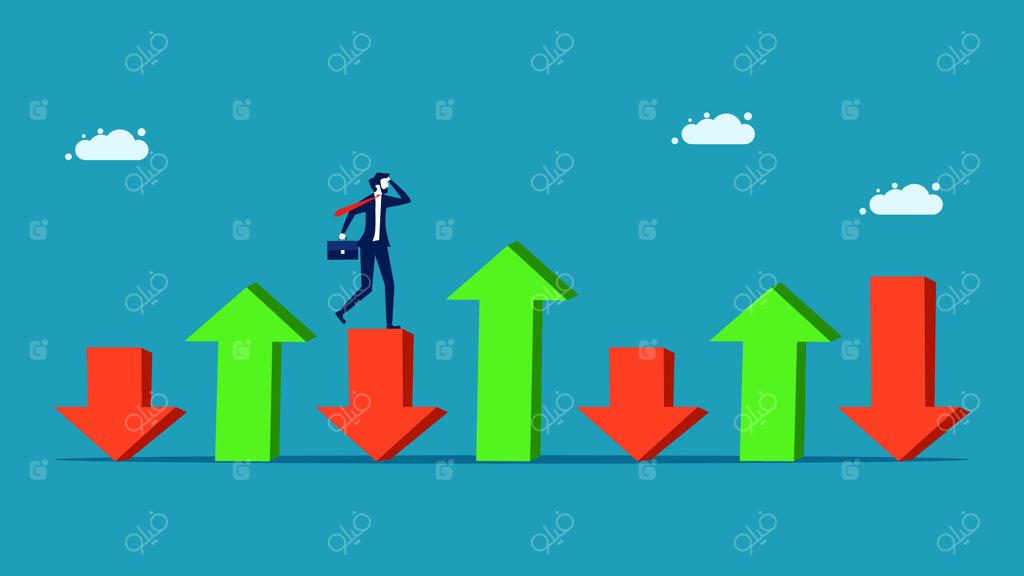 کسب‌وکار: تاجر ایستاده بر بالای فلش‌ها با نمودار کسب‌وکاری