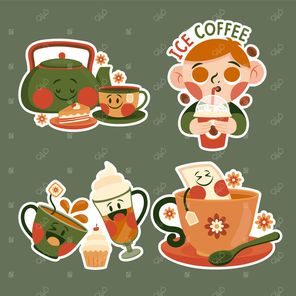 مجموعه برچسب‌های چای و قهوه با طرح‌های کودکانه