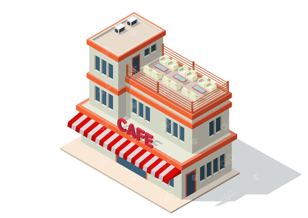 نمای ایزومتریک از یک کافه یا فروشگاه قهوه