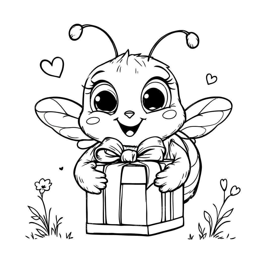 زنبور بامزه کیوتی که جعبه هدیه‌ای به دست دارد و با گل‌ها، قلب‌ها و چمن محاصره شده برای سرگرمی کتاب رنگ‌آمیزی