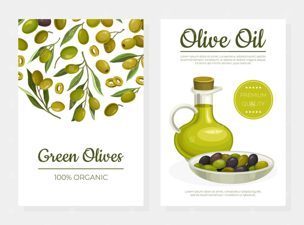 مجموعه برچسب‌های روغن زیتون: طراحی بسته‌بندی و تبلیغات محصول طبیعی با کیفیت برتر