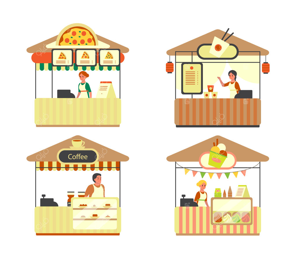 کامیون شهر با فست‌فود: پیتزا، قهوه، بستنی و بار نودل برنج. فروش میان‌وعده در فضای باز، در جشنواره‌های خیابانی.