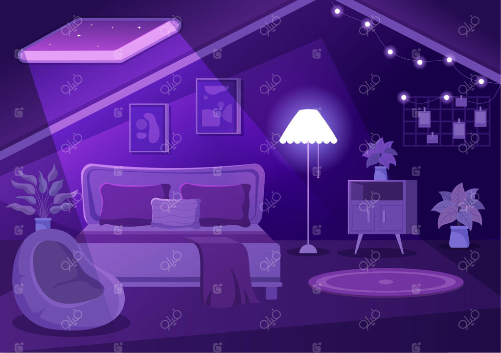 دکوراسیون اتاق‌خواب دنج و مدرن به سبک کارتونی با مبلمان مدرن در تصویرسازی وکتور