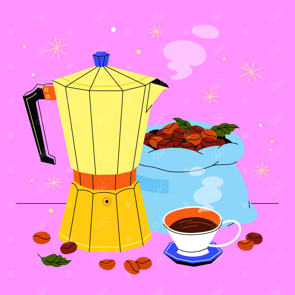 صحنه دم‌آوری قهوه: موکاپات، دانه‌های قهوه و فنجان قهوه